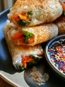 Macro close-up of Air Fryer Rice Paper Noodle Rolls showing tiny golden-brown crispy blisters. (Air Fryer Rice Paper Noodle Rolls)