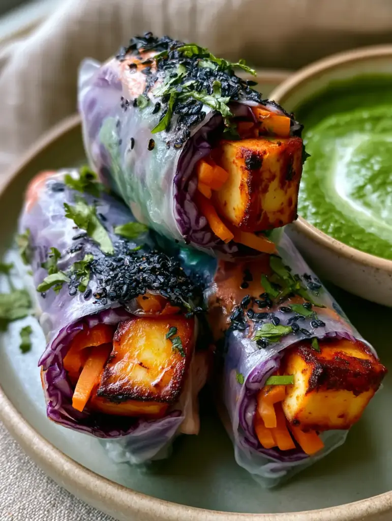 Indian rice paper rolls with Tandoori Paneer and Mint Chutney 1 Dewy Indian rice paper rolls garnished with black sesame seeds next to a yogurt-swirled mint chutney.