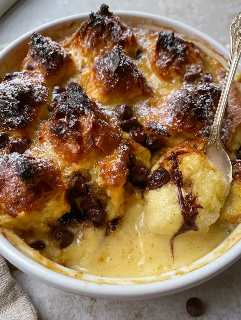 A silver spoon lifting a moist portion of croissant bread pudding, revealing a steaming custardy interior and melted chocolate strings. (croissant bread pudding)