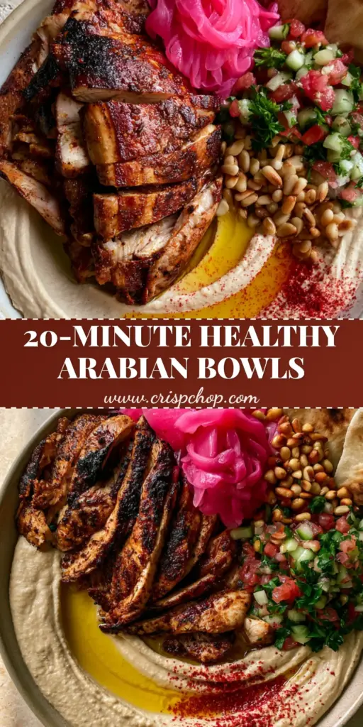A vibrant Middle Eastern hummus bowl with charred chicken shawarma and sumac. (Arabian recipes)
