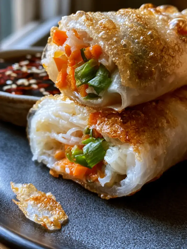 Sliced Air Fryer Rice Paper Noodle Rolls revealing a vibrant orange carrot and green scallion filling being dipped in soy sauce.