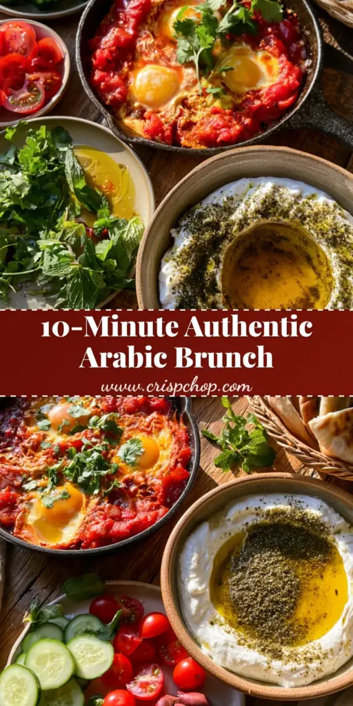 Arabic Breakfast: The Ultimate Shakshuka and Creamy Labneh Spread 3 A vibrant Arabic breakfast spread featuring a cast iron skillet of shakshuka with three runny eggs, a bowl of labneh with zaatar and olive oil, fresh cucumbers, olives, and charred pita bread triangles.