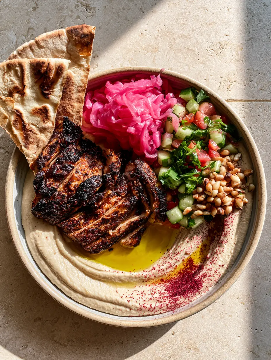 Top-down view of a loaded hummus bowl on a limestone surface. (Arabian recipes)