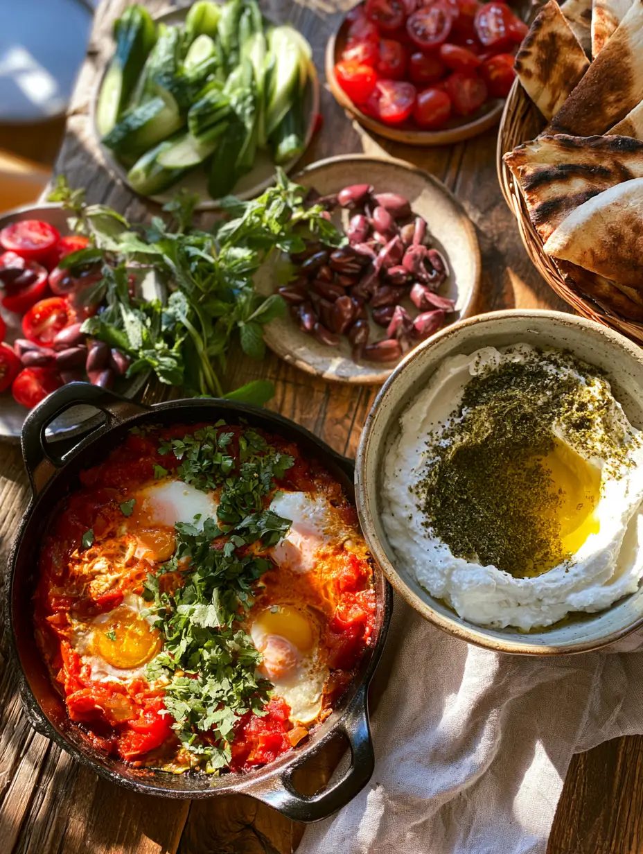 Arabic Breakfast: The Ultimate Shakshuka and Creamy Labneh Spread 4 High-angle photo of a Middle Eastern shakshuka breakfast on a rustic wooden table with morning sun light. (Arabic breakfast)