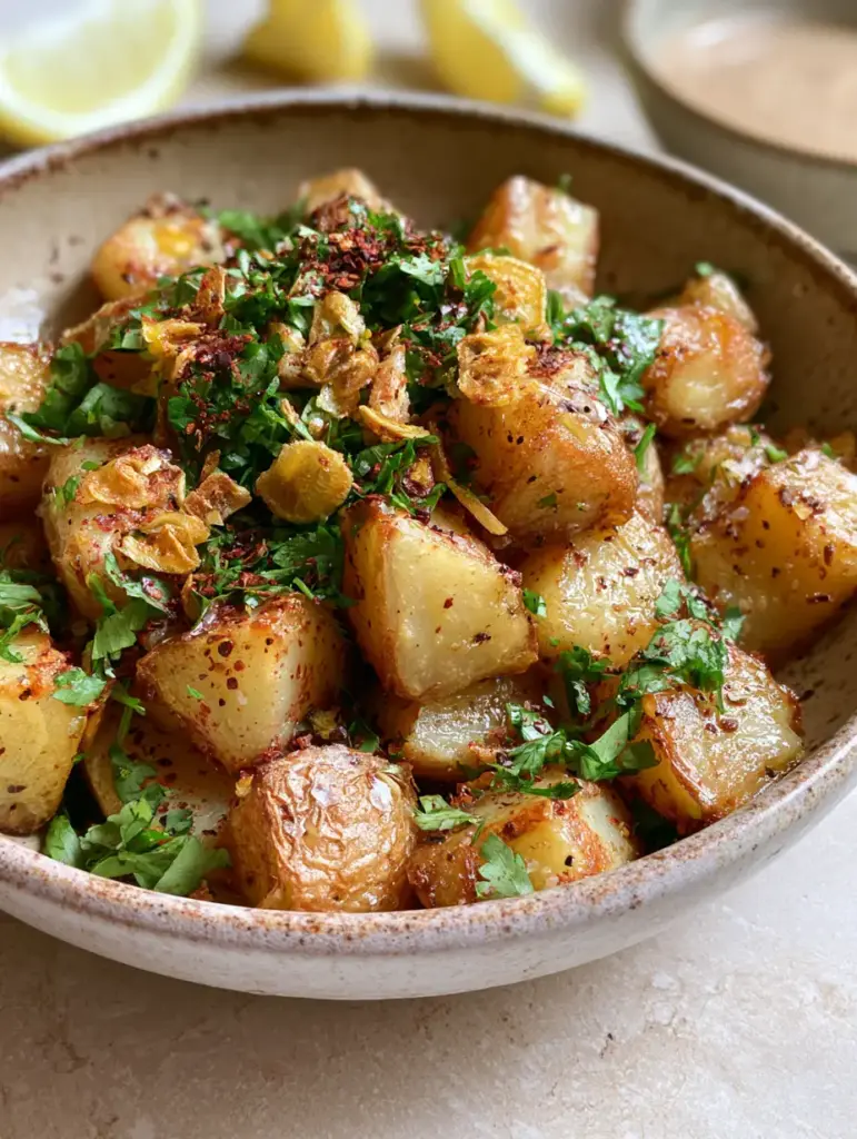 Rustic bowl of golden-brown Lebanese spicy potatoes garnished with toasted garlic slivers and Aleppo pepper.
