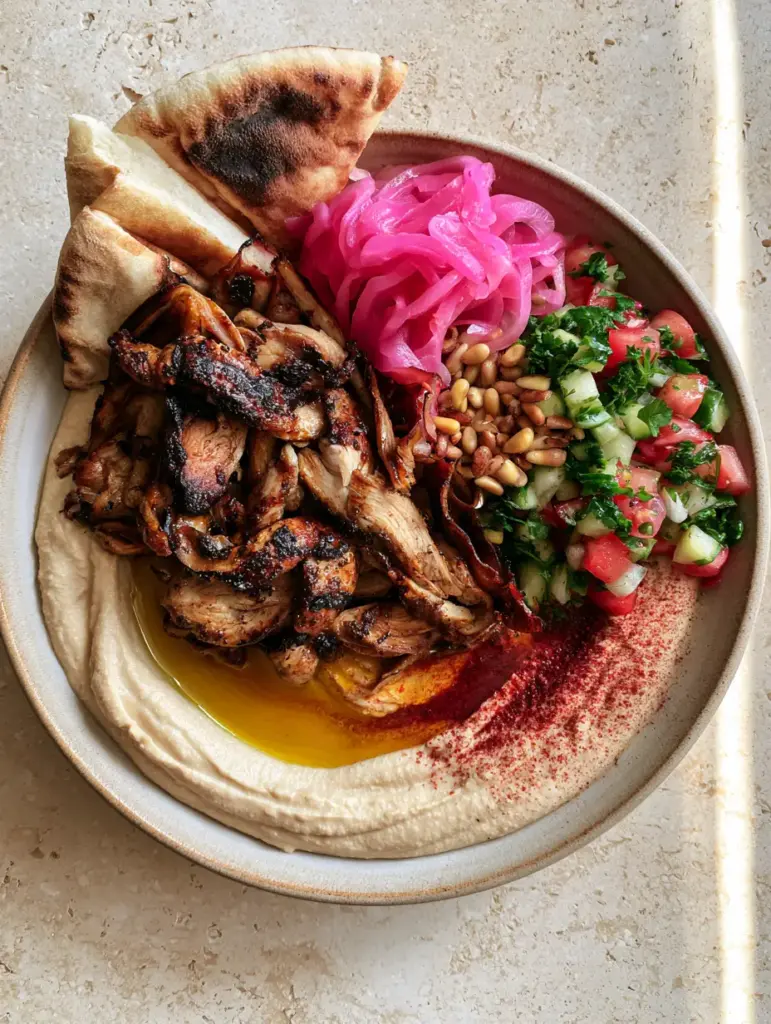 Close-up of charred pita bread triangles next to a bowl of hummus and chicken shawarma.
