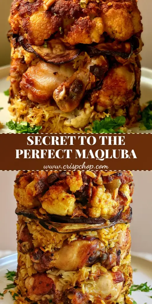 A tall, perfectly cylindrical tower of Palestinian Maklouba featuring golden turmeric rice, fried eggplant, and caramelized cauliflower on a white platter. (Maklouba recipe)