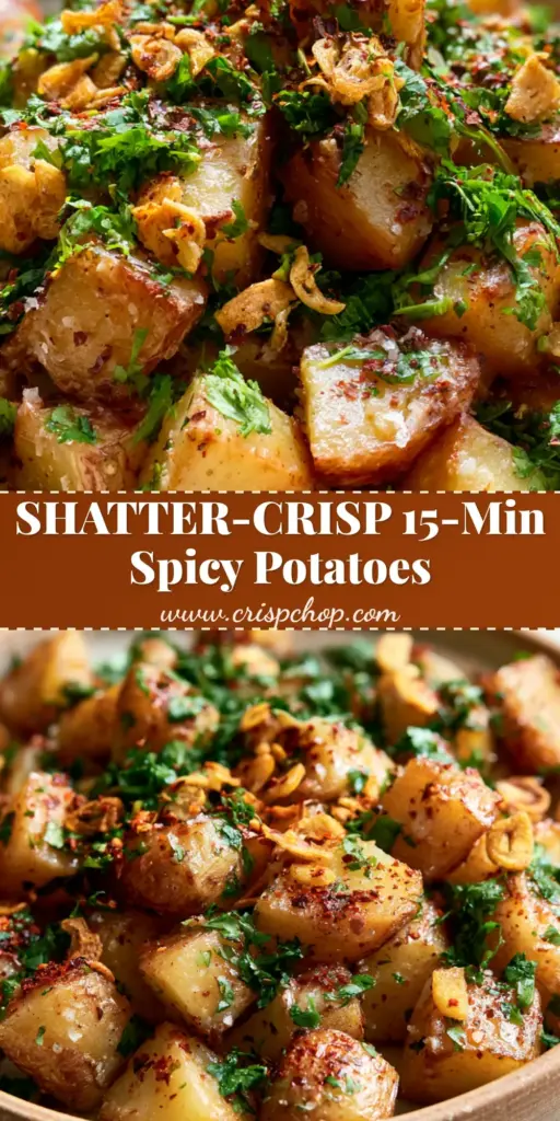 A rustic ceramic bowl of Lebanese spicy potatoes with jagged golden edges, toasted garlic, and cilantro on a stone countertop. (Lebanese spicy potatoes)
