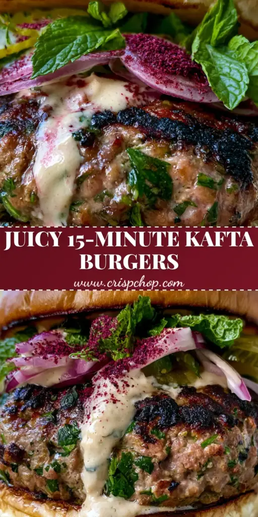 A close-up of a Lebanese Kafta Burger with a thick tahini sauce drip, charred beef, and sumac onions.
