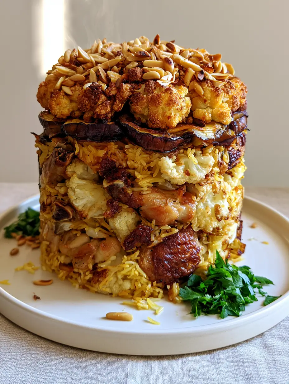 Close up shot of Maklouba recipe showing textures of crispy chicken skin, golden pine nuts, and individual grains of turmeric basmati rice. (Maklouba recipe)