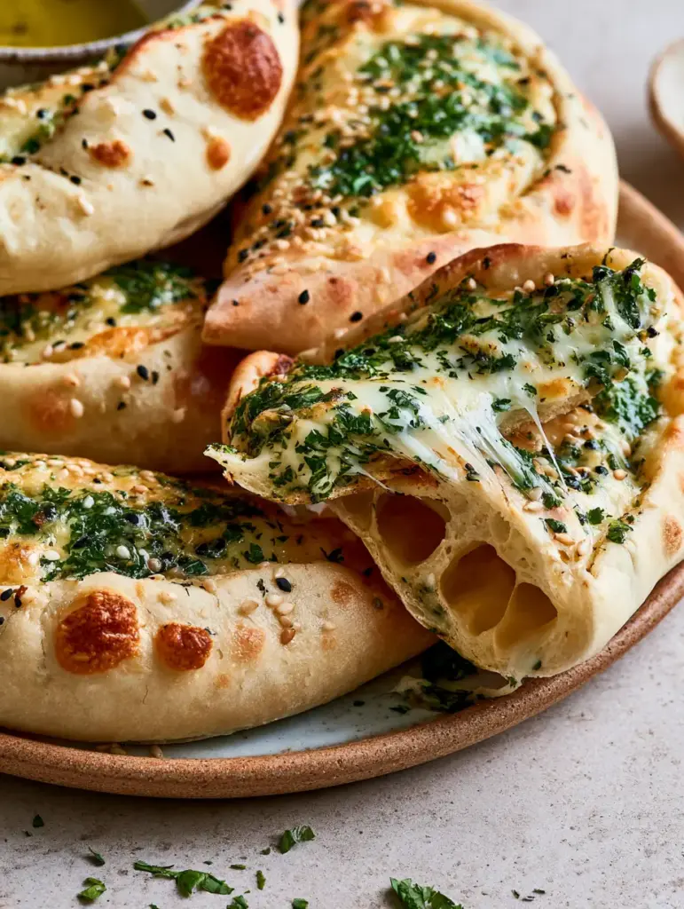 Close-up of Cheese Fatayer showing the honeycomb bread texture and melted bubbling cheese flecked with parsley.