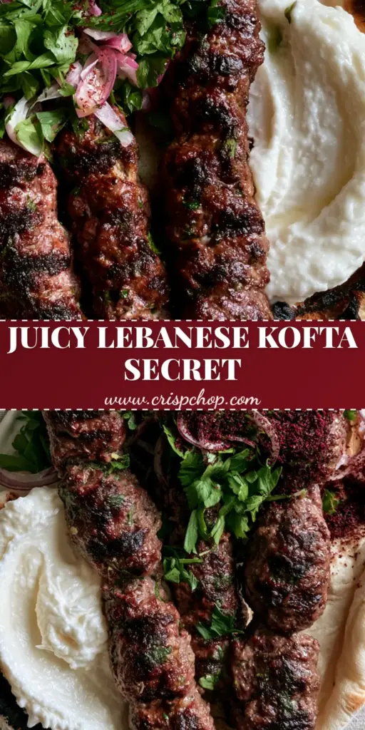 Three long hand-shaped Lebanese Kofta skewers with dark grill marks resting on charred pita with garlic toum and sumac onions.