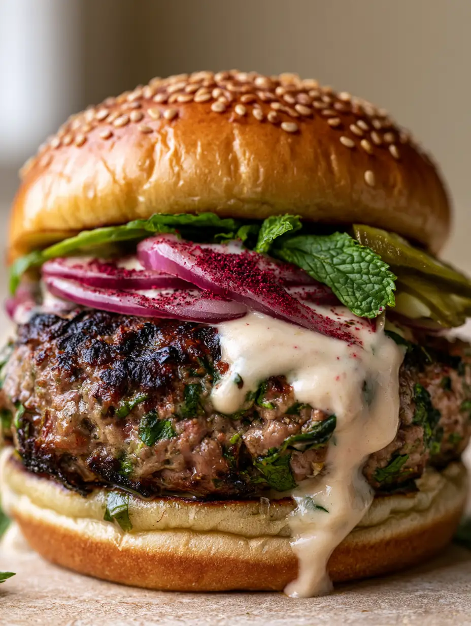Extreme close-up of a juicy Lebanese Kafta Burger patty with herb flecks and sumac onions.