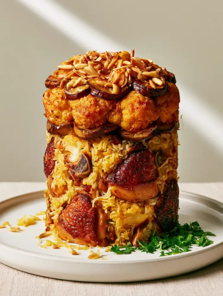 A 45-degree angle view of the Maklouba recipe tower with steam vapor rising, garnished with fresh parsley and toasted almonds.