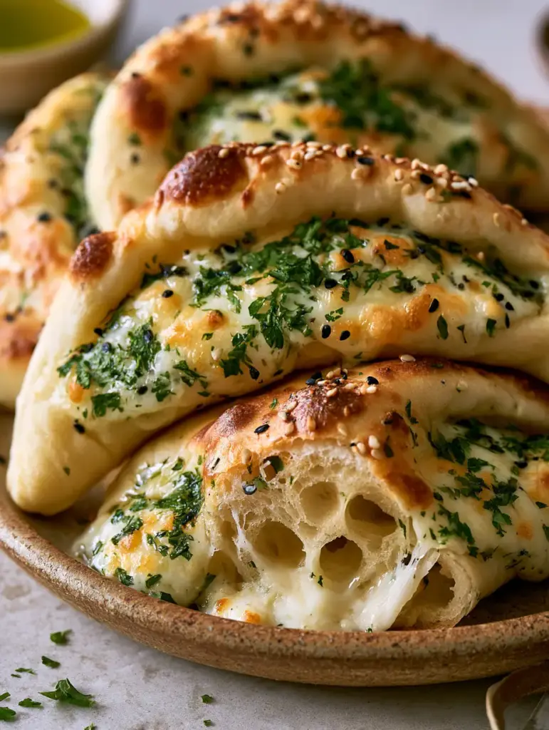 A handheld shot of a Cheese Fatayer being torn open, revealing steam and a perfect cheese pull.