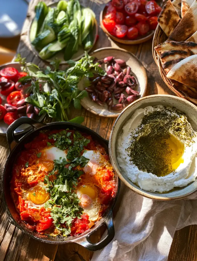 Close-up of a cast iron skillet with shakshuka featuring three poached eggs and fresh cilantro garnish as part of an Arabic breakfast.