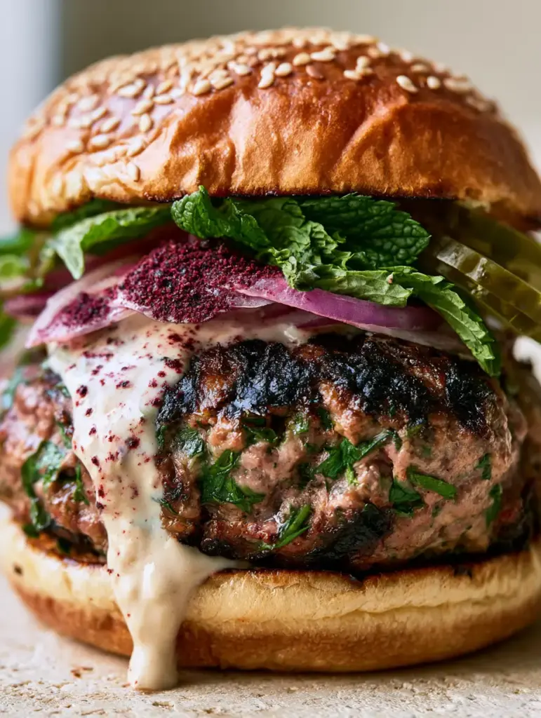 Lebanese Kafta Burger on a toasted brioche bun with Persian pickles and mint leaves.