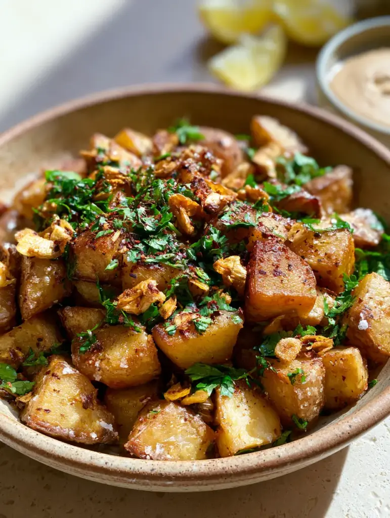 Rustic ceramic bowl of Lebanese spicy potatoes with a glistening olive oil sheen and lemon wedges.