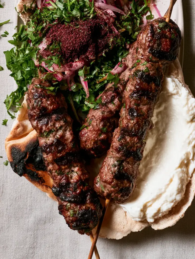 Close-up of glistening Lebanese Kofta meat juices and flecks of green parsley inside the beef.