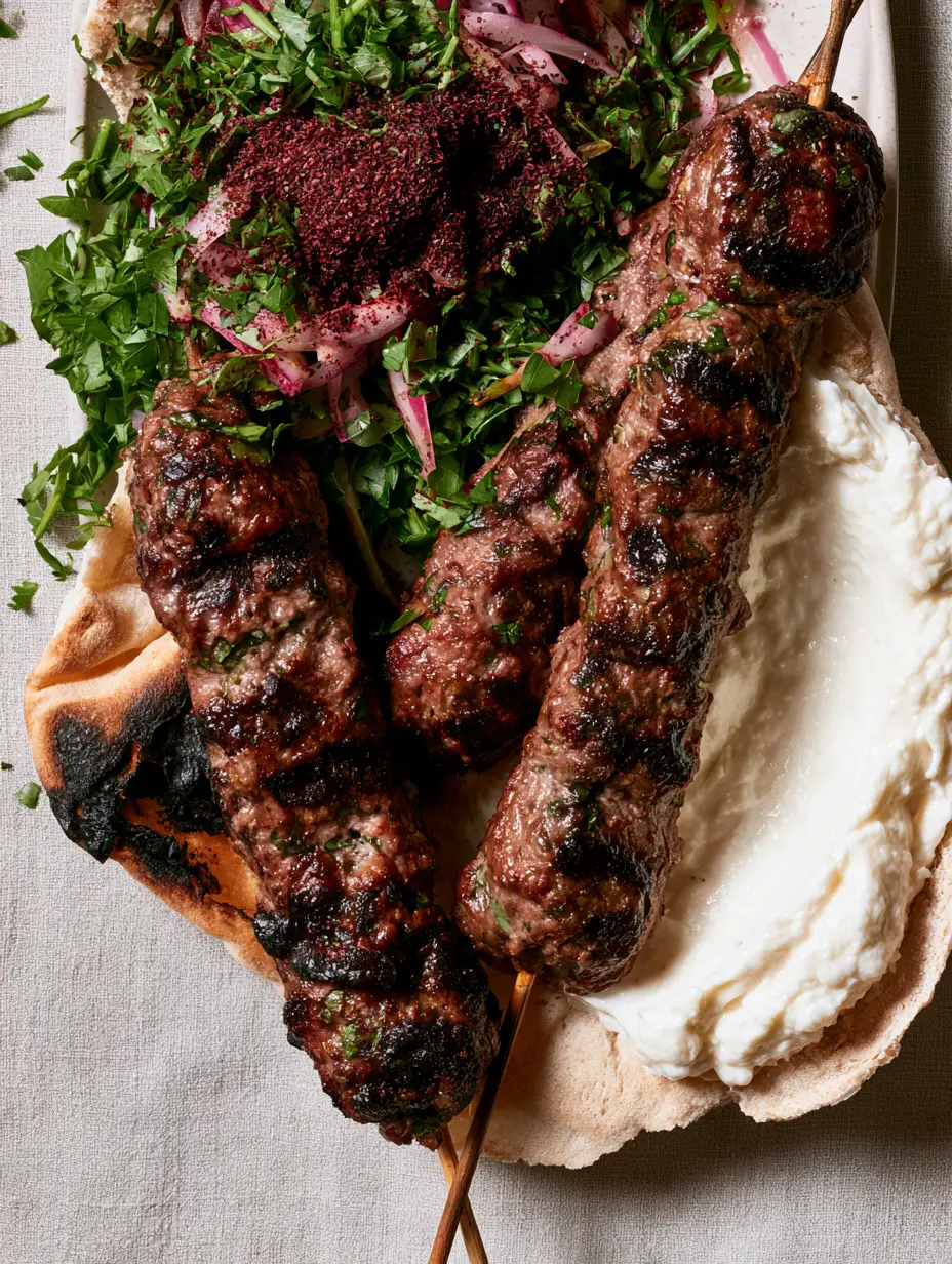 Close-up of glistening Lebanese Kofta meat juices and flecks of green parsley inside the beef.
