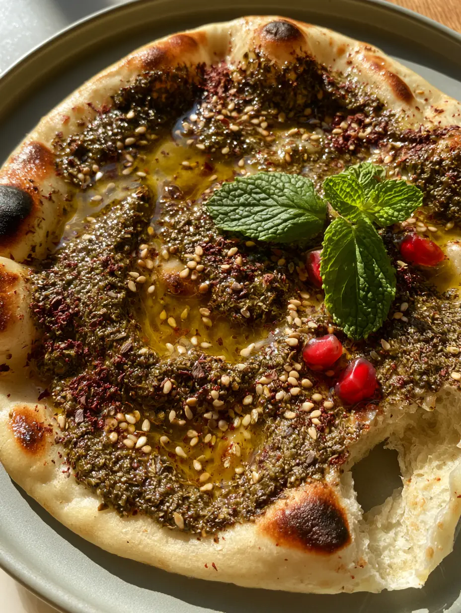 Top-down macro shot of warm pillowy Lebanese Za'atar Flatbread with charred bubbles and olive oil craters.