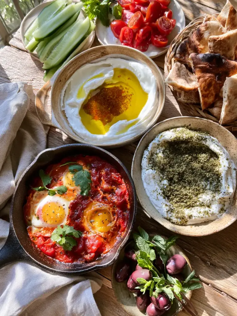 A shallow ceramic bowl of thick labneh with a deep olive oil well and green zaatar, surrounded by cucumbers and olives for an Arabic breakfast.
