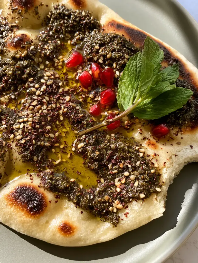 Close up of torn Za'atar Flatbread showing the soft steamy interior and dark forest-green herbs.