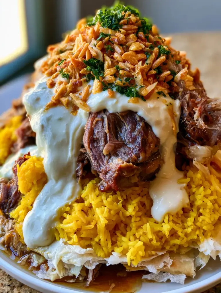 Close-up of silky white jameed yogurt sauce dripping over braised lamb and toasted almonds. (Mansaf recipe)