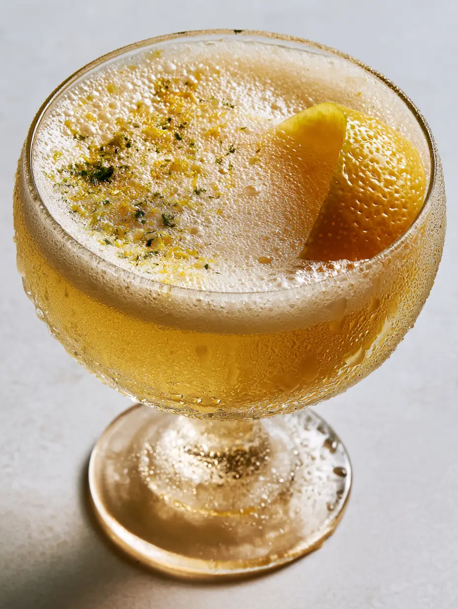 Detailed macro shot of a French 75 cocktail showing glistening citrus oils and a frosted coupe. (French 75 cocktail poster)