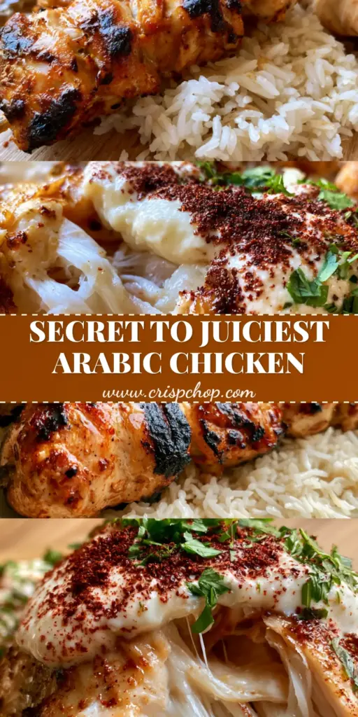 A vertical split-screen showing Lebanese Shish Tawook skewers on rice and a macro shot of charred chicken with Toum garlic sauce. (Arabic chicken recipes)