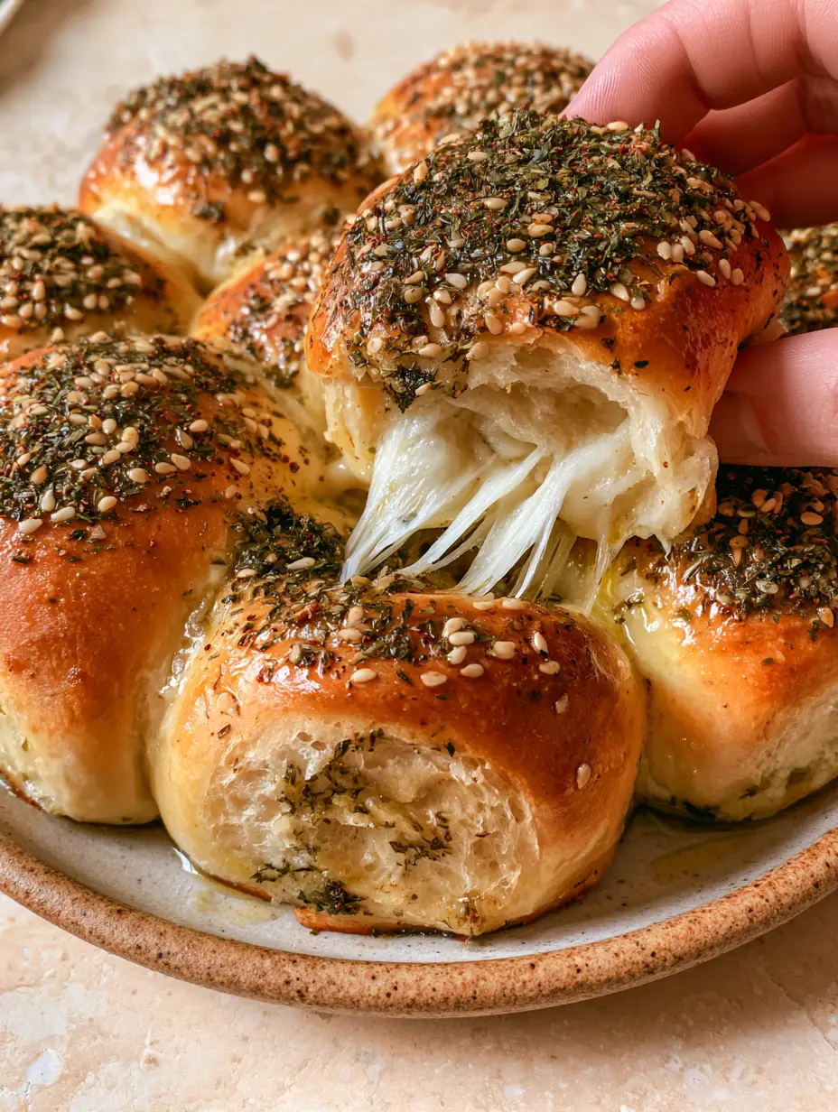 Close up handheld photo of a golden-brown zaatar roll being pulled apart to reveal melted halloumi strands. (zaatar rolls)