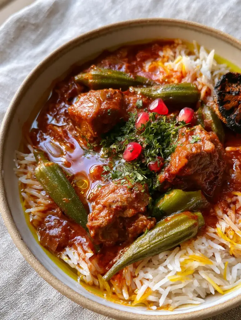 Close up of fork-tender braised lamb and baby okra in a thick crimson tomato sauce. (Iraqi recipes)