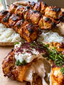 Three large skewers of Lebanese Shish Tawook chicken with golden-brown charred edges on pita bread. (Arabic chicken recipes)