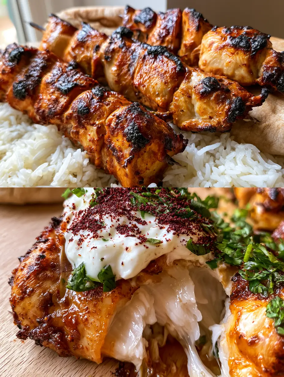 Three large skewers of Lebanese Shish Tawook chicken with golden-brown charred edges on pita bread. (Arabic chicken recipes)