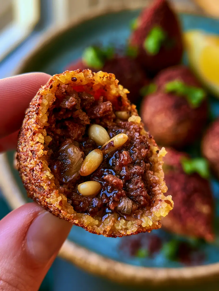 Stuffed Bulgur Balls: The Ultimate Crispy Lebanese Kibbeh Recipe 3 A close-up of a single Stuffed Bulgur Ball broken open to reveal the steaming lamb and pine nut filling.