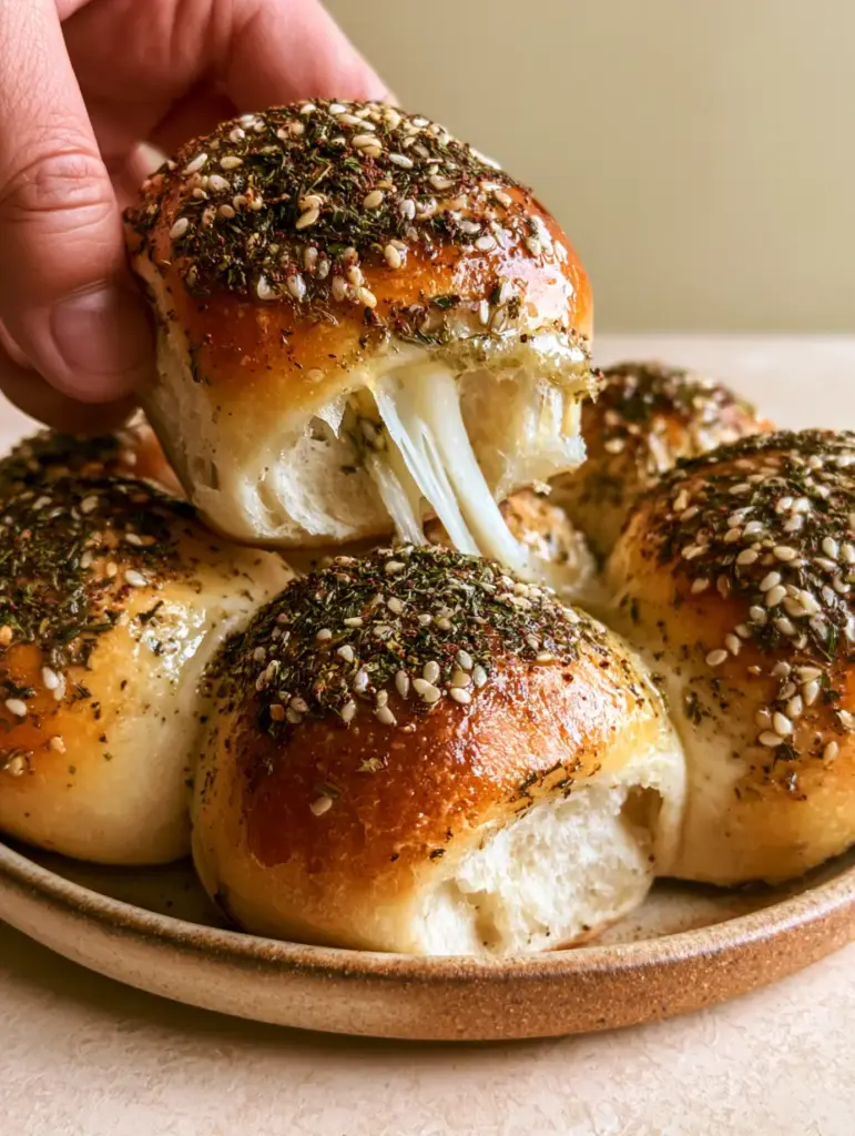 Top down view of a ceramic plate filled with fluffy rolls encrusted with toasted sesame seeds and zaatar. (zaatar rolls)