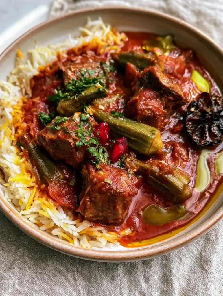 Overhead view of Iraqi Margat Bamia showing golden olive oil droplets and saffron-streaked basmati rice.