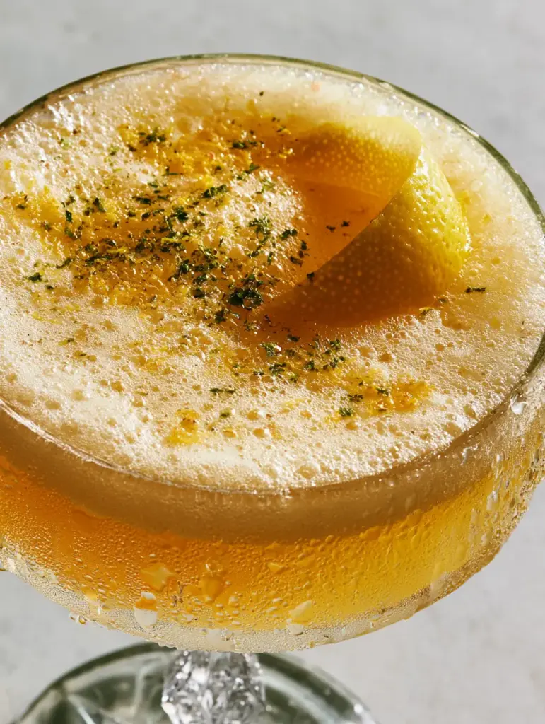 Ornate vintage crystal glass containing a French 75 with distinct physical layers and condensation droplets.