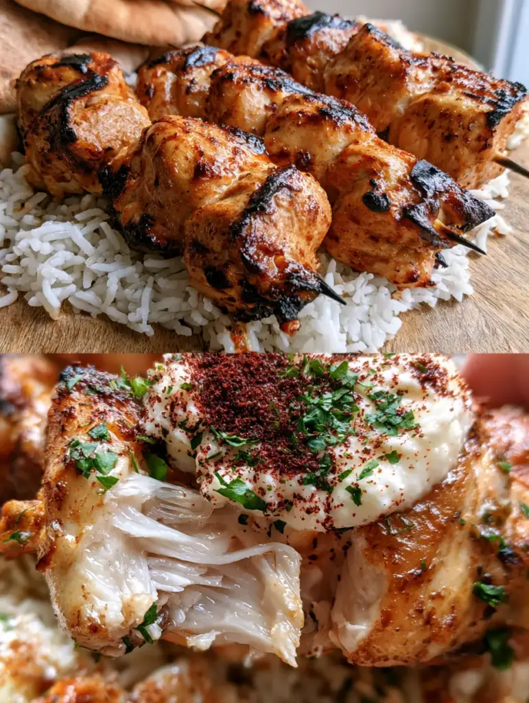 Macro close-up of steaming white chicken fibers topped with snow-white Toum garlic sauce and red sumac.