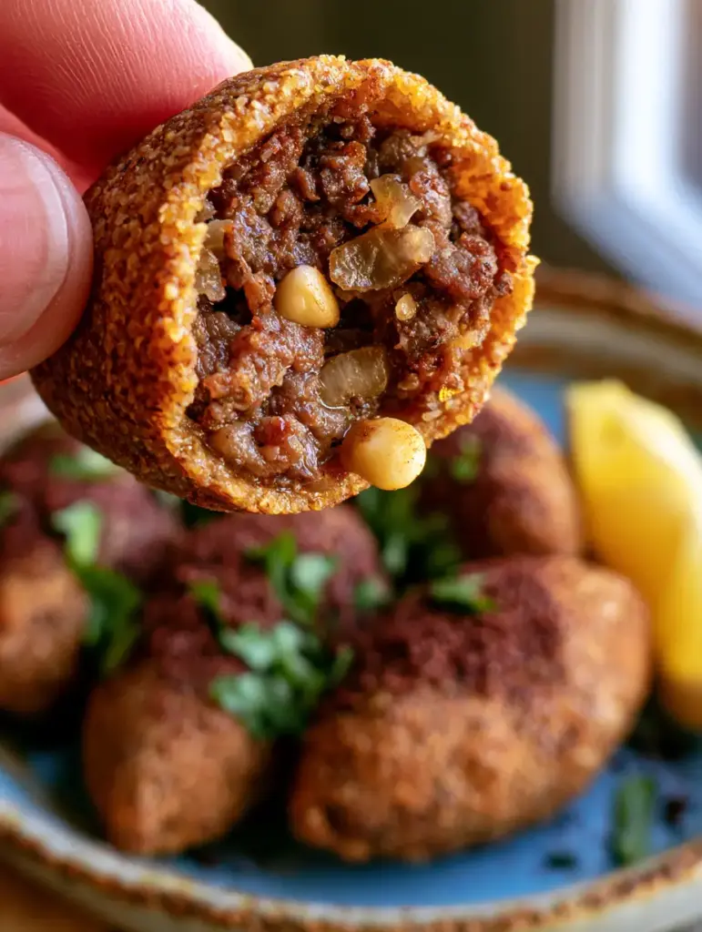 Stuffed Bulgur Balls: The Ultimate Crispy Lebanese Kibbeh Recipe 1 Handheld photo showing the crunchy texture of Stuffed Bulgur Balls.