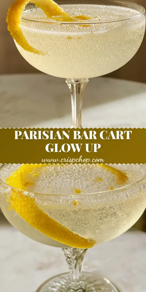A luxury French 75 cocktail print style photo showing an ornate crystal glass with micro-bubbles and a long lemon spiral garnish on marble.