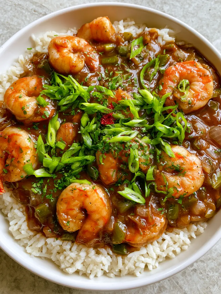 Close-up of succulent pink shrimp with seared edges in a thick mahogany silk gravy for Shrimp Étouffée.