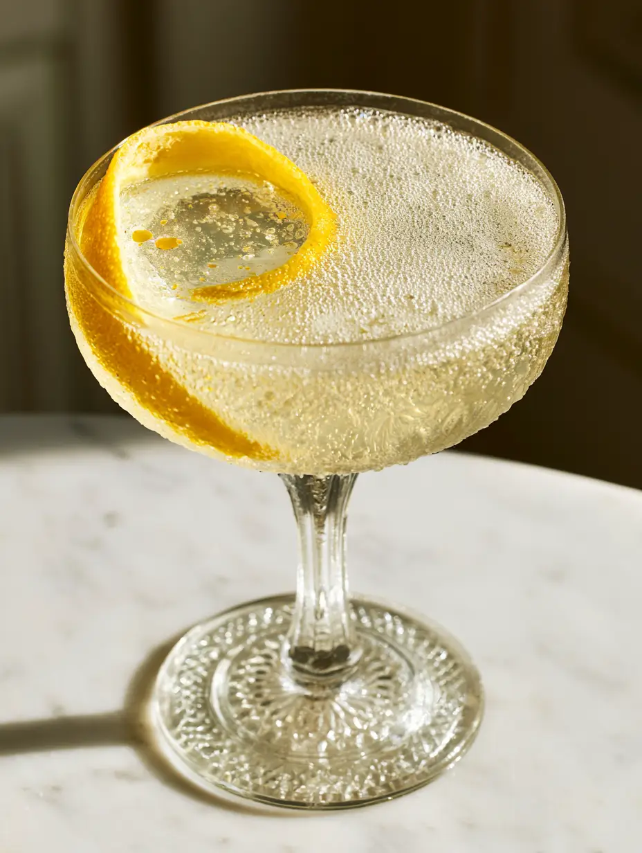 Luxury French 75 cocktail print featuring rising micro-bubbles and fine condensation on an ornate crystal coupe.