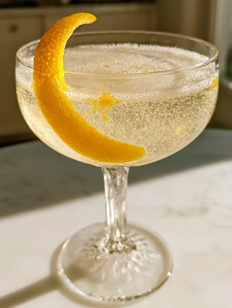Close up of a French 75 cocktail print showing a long lemon zest coil and shimmering citrus oils on a marble table.