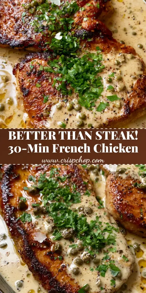Chicken au poivre with a Velvety Cognac Peppercorn Sauce 4 A seasoned cast iron skillet with deeply seared chicken au poivre in a thick creamy peppercorn sauce garnished with parsley.
