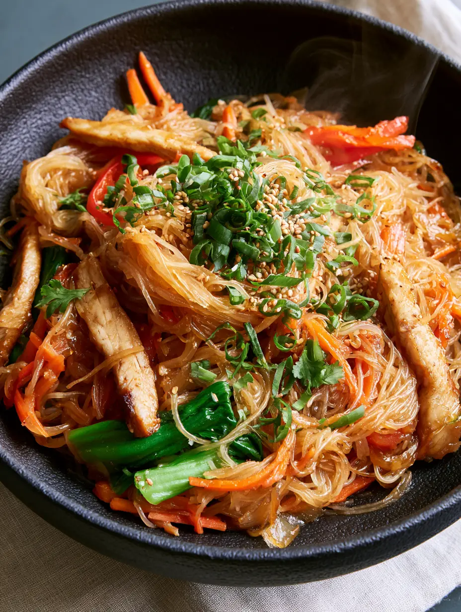 Close-up of Chicken Mei Fun showing the glistening amber sauce on rice vermicelli and vibrant red peppers.