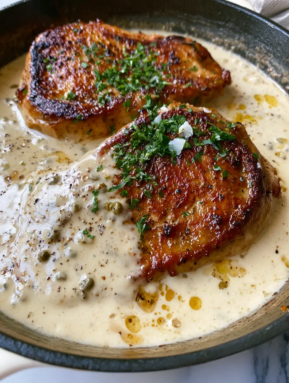Chicken au poivre with a Velvety Cognac Peppercorn Sauce 3 Close-up of juicy chicken breasts with a mahogany-brown sear in an ivory peppercorn sauce. (Chicken au poivre)