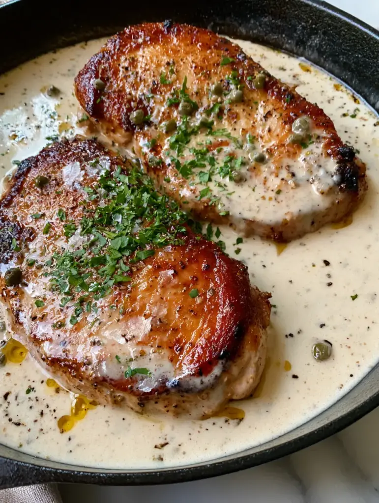 Chicken au poivre with a Velvety Cognac Peppercorn Sauce 1 Top-down view of Chicken au poivre in a skillet speckled with green peppercorns and parsley.