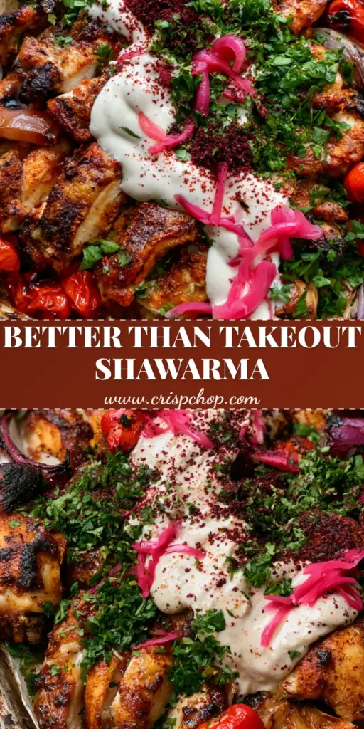 A rustic baking sheet featuring sliced charred chicken thighs, roasted red peppers, and a bold tahini drizzle. (chicken shawarma recipe)