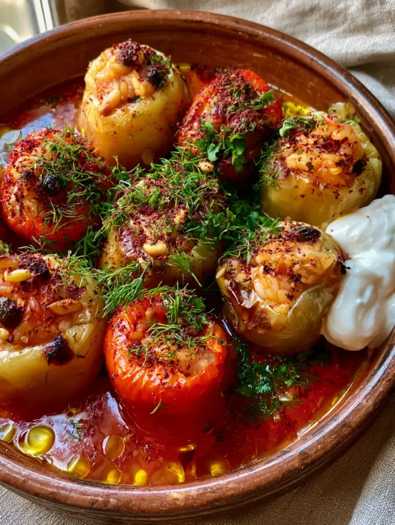 Turkish Stuffed Peppers: Authentic Biber Dolması with Aromatic Herb Rice 1 Overhead shot of Biber Dolması in a terracotta dish with golden oil droplets and fresh parsley. (Turkish Stuffed Peppers)